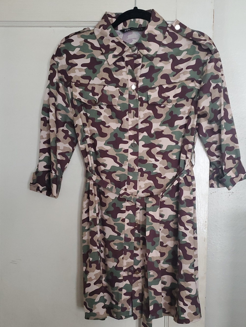 Zara Camouflage Shirt Dress with Tie Waist - Green/Brown